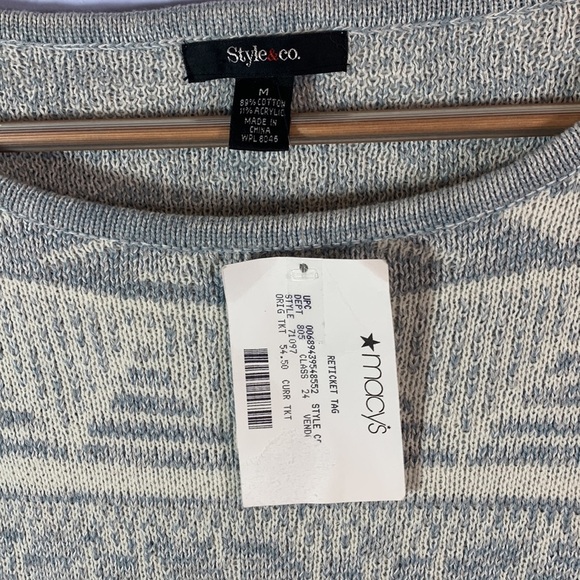 Style & Co blue white Aztec fringe 3/4 sleeve sweater NWT Size medium cotton - Picture 3 of 10